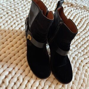 Coach Moto Bootie Black Leather and Velvet with Floral Heel